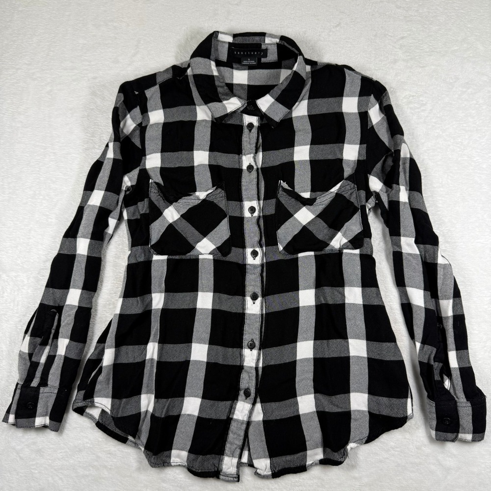 Sanctuary Black White Buffalo Plaid Button Down Rayon Shirt B1123-ZRR671‎ S